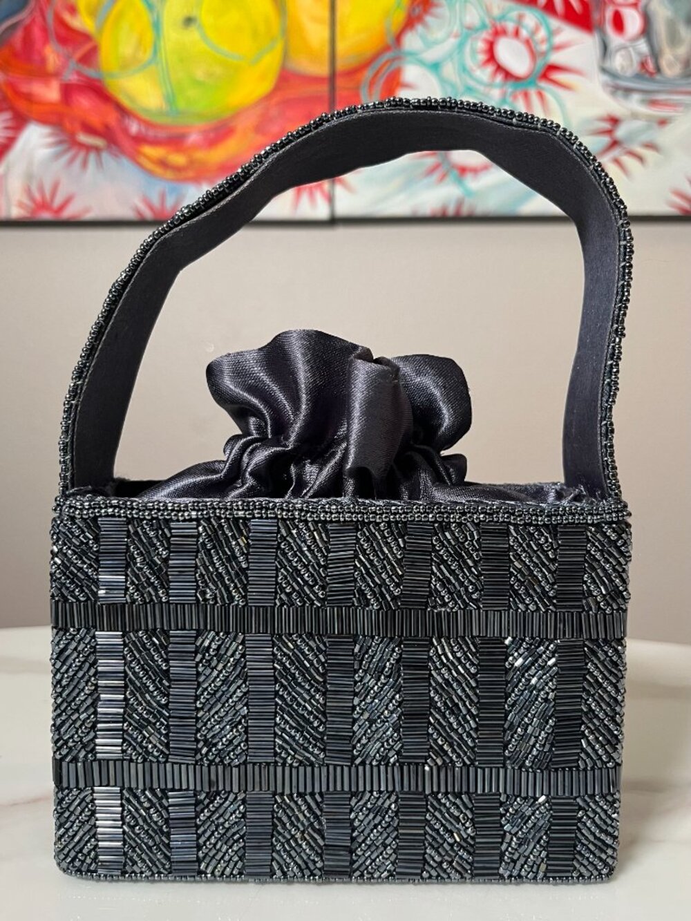 La Regale Gunmetal Gray Beaded Art Deco Vintage Top Handle Evening Bag - Picture 3 of 13